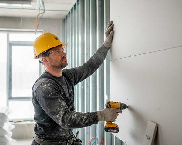 homem parafusando uma placa de gesso na parede